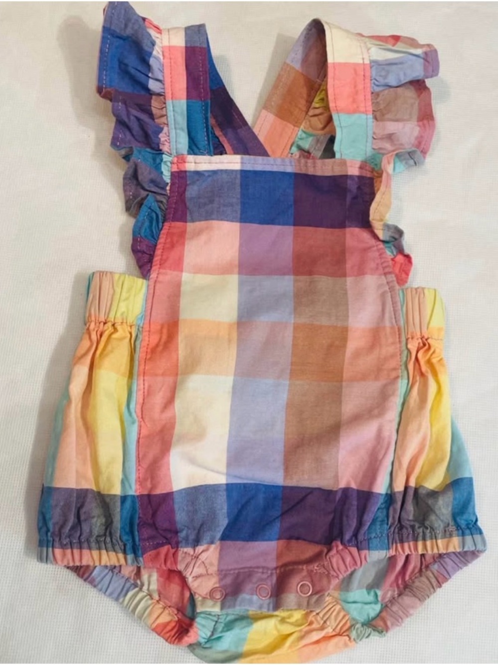 Tea Collection Madras Plaid Ruffle Bubble Romper in Rainbow Pastels